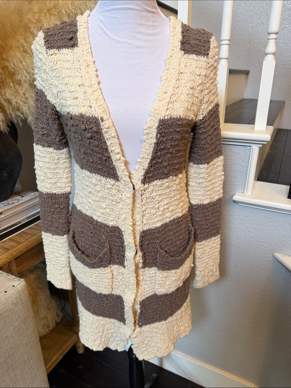 FREE PEOPLE Cuddle Bear Stripe Wool Blend Bouclé Cardigan Sweater Size Small - Picture 3 of 8